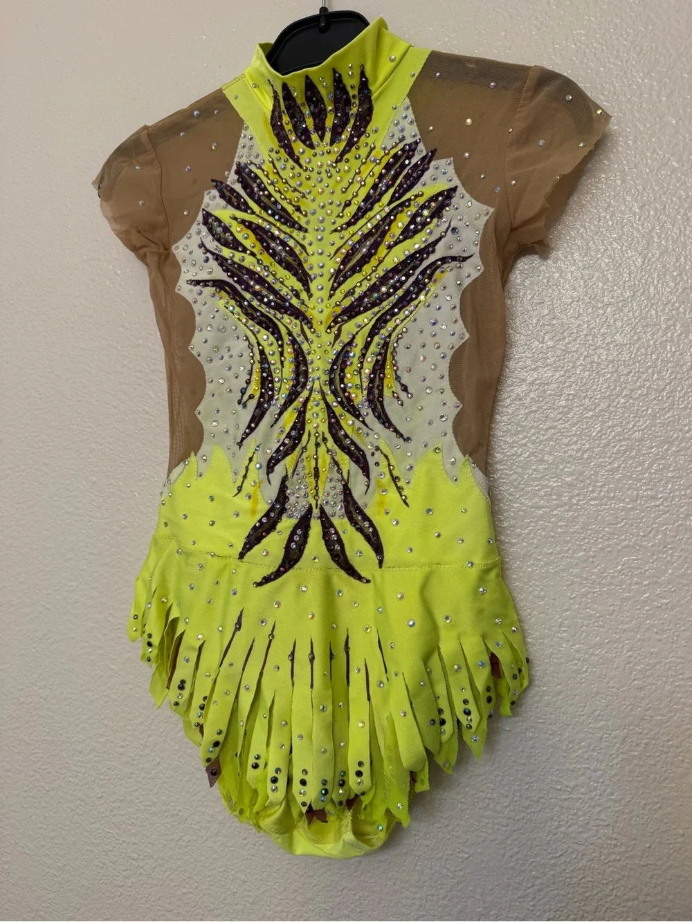 Custom Hand Painted Rhythmic Gymnastic Costume Neon Lime Purple Rhinestone CM CL